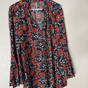 Free People Magic Mystery Tunic Shirt Top Size Small Bell Sleeve Floral Flowy